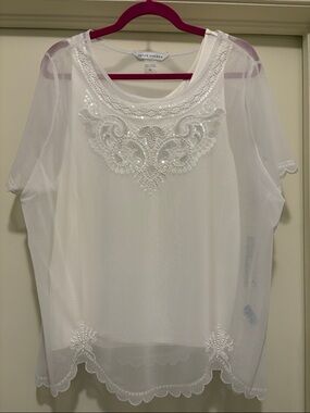 Peter Nygard White Sheer Beaded Overlay Blouse